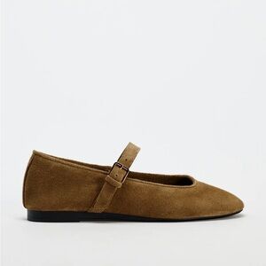 SOLD Zara Square Toe Mary Jane Ballet Flats in Camel Suede Size 9
